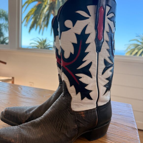 Burns Cowboy Boots Grey Distressed Lizard White Detail Women’s 11 / Men’s 9.5 D - Picture 5 of 7